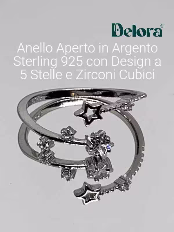 Anello aperto in argento sterling 925 con design a 5 stelle e zirconi cubici